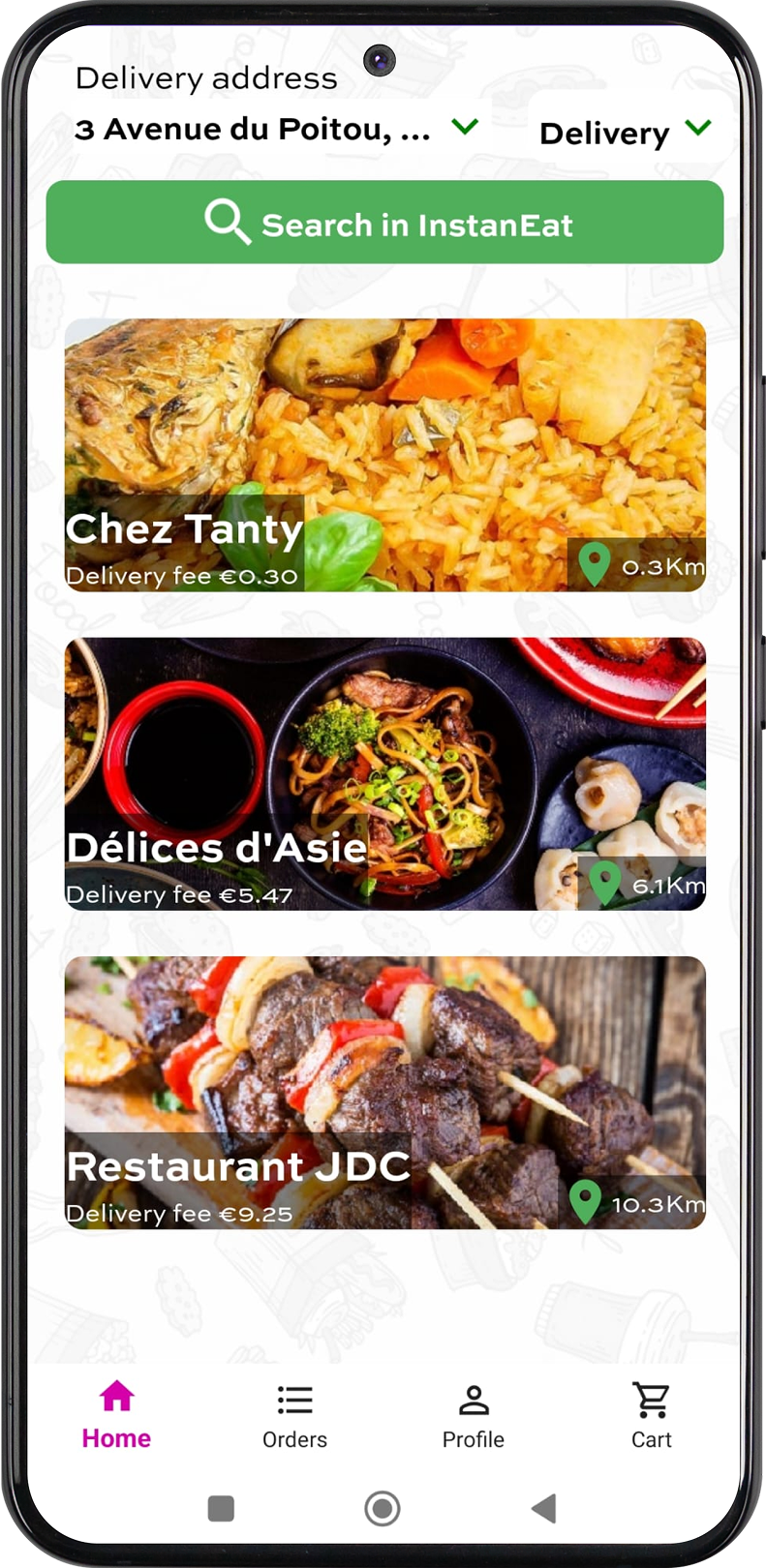 App screen showing menu
